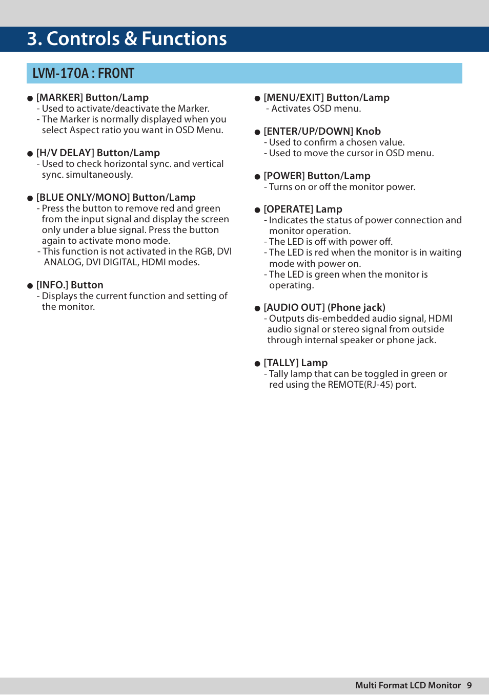 Controls & functions, Lvm-170a : front | TVLogic LVM-170A User Manual | Page 9 / 64