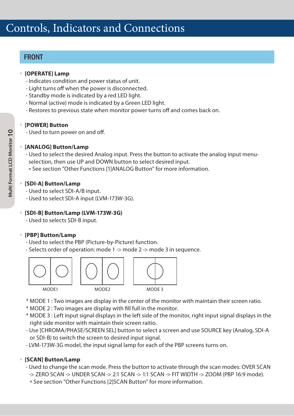 Controls, indicators and connections, Front | TVLogic LVM-173W-3G User Manual | Page 10 / 56