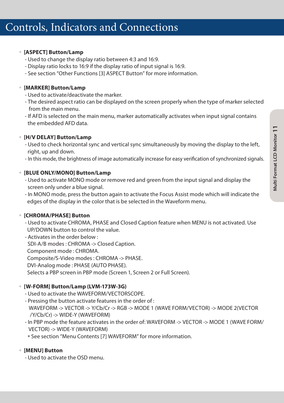 Controls, indicators and connections | TVLogic LVM-173W-3G User Manual | Page 11 / 56