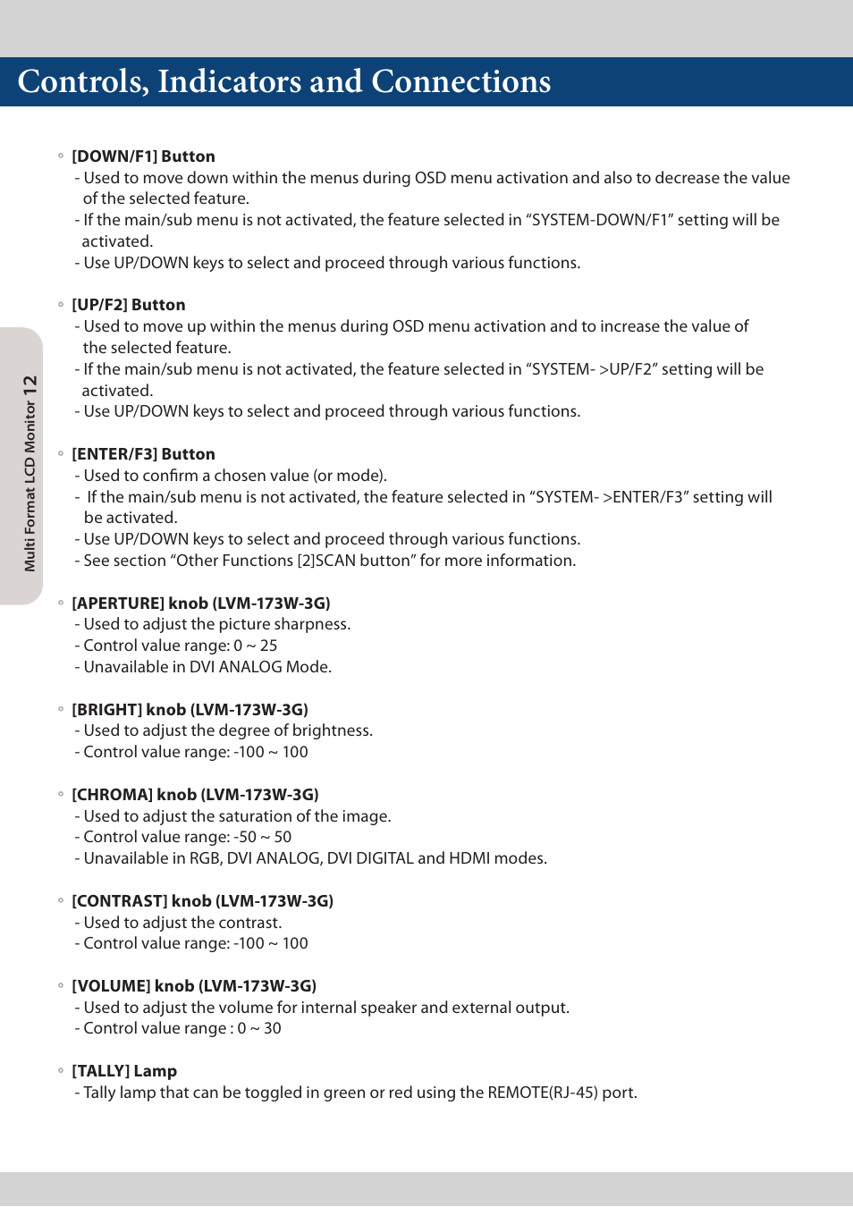 Controls, indicators and connections | TVLogic LVM-173W-3G User Manual | Page 12 / 56