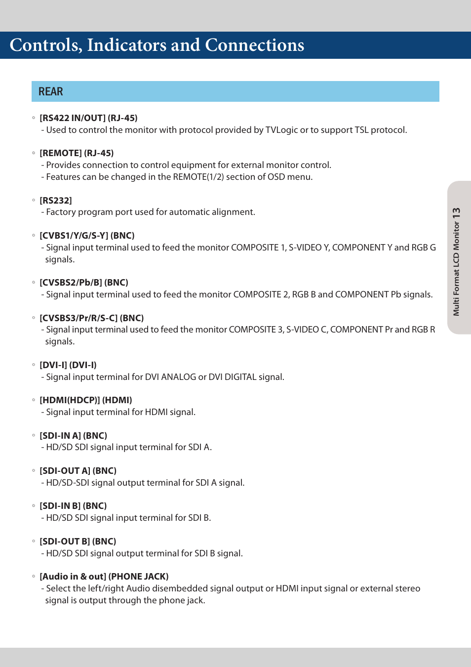 Controls, indicators and connections, Rear | TVLogic LVM-173W-3G User Manual | Page 13 / 56