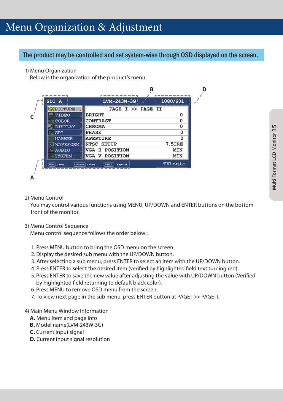 Menu organization & adjustment | TVLogic LVM-173W-3G User Manual | Page 15 / 56
