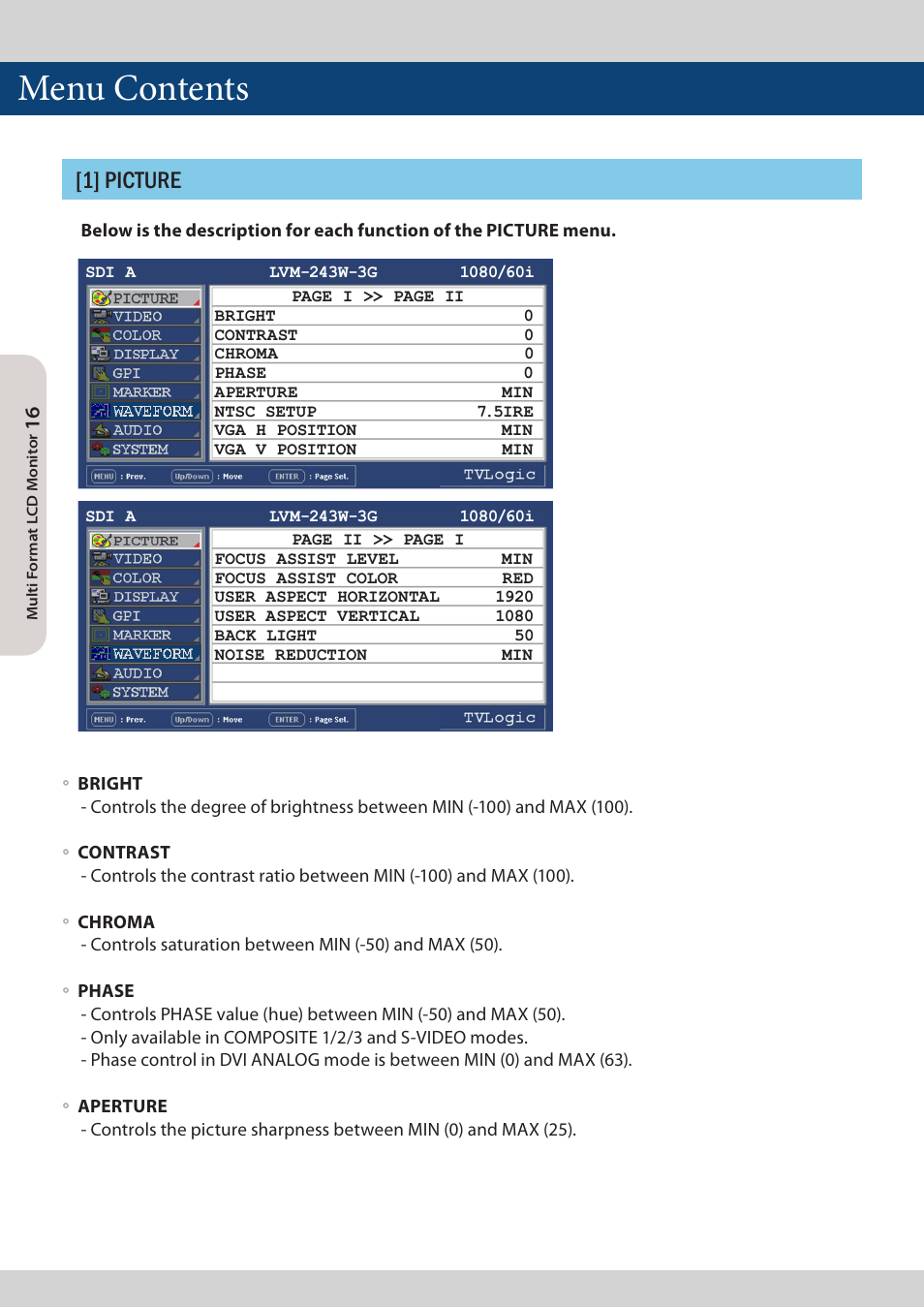 Menu contents, 1] picture | TVLogic LVM-173W-3G User Manual | Page 16 / 56