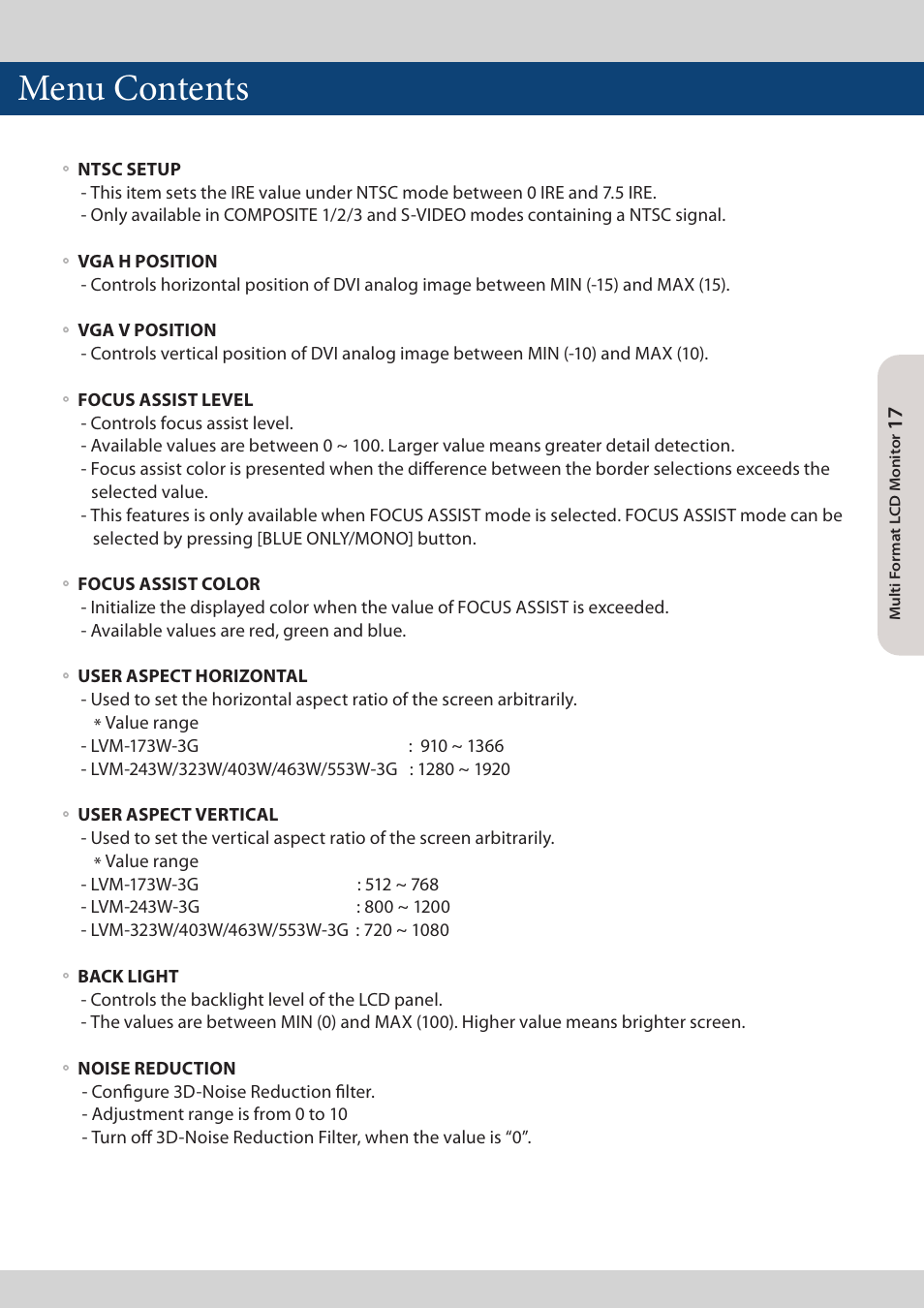 Menu contents | TVLogic LVM-173W-3G User Manual | Page 17 / 56