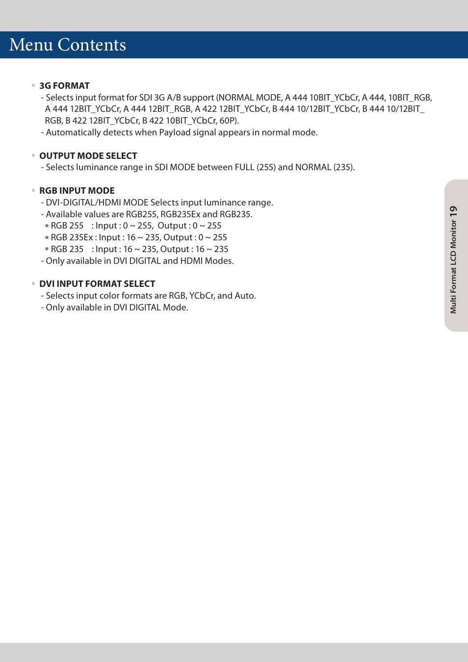 Menu contents | TVLogic LVM-173W-3G User Manual | Page 19 / 56