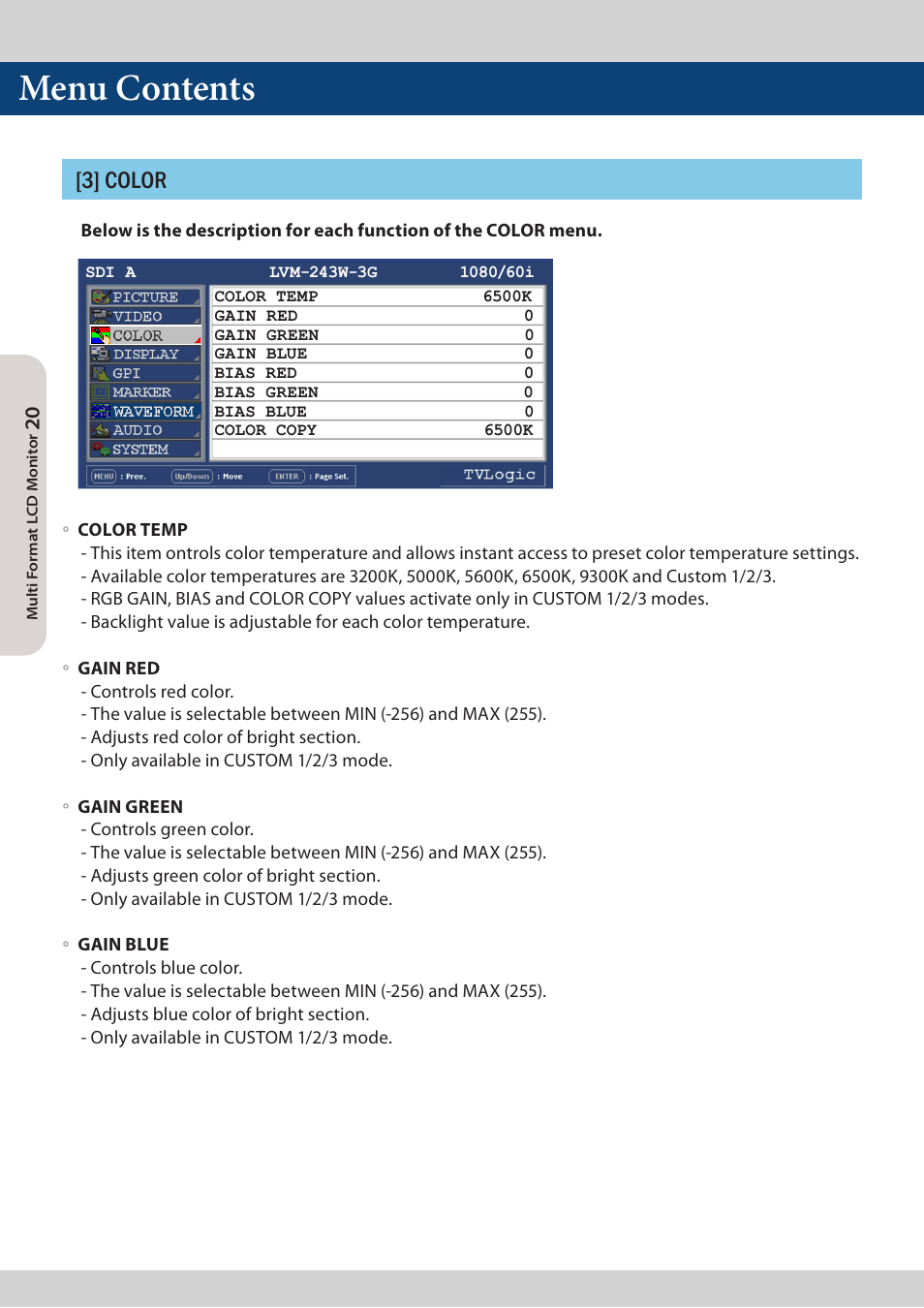 Menu contents, 3] color | TVLogic LVM-173W-3G User Manual | Page 20 / 56