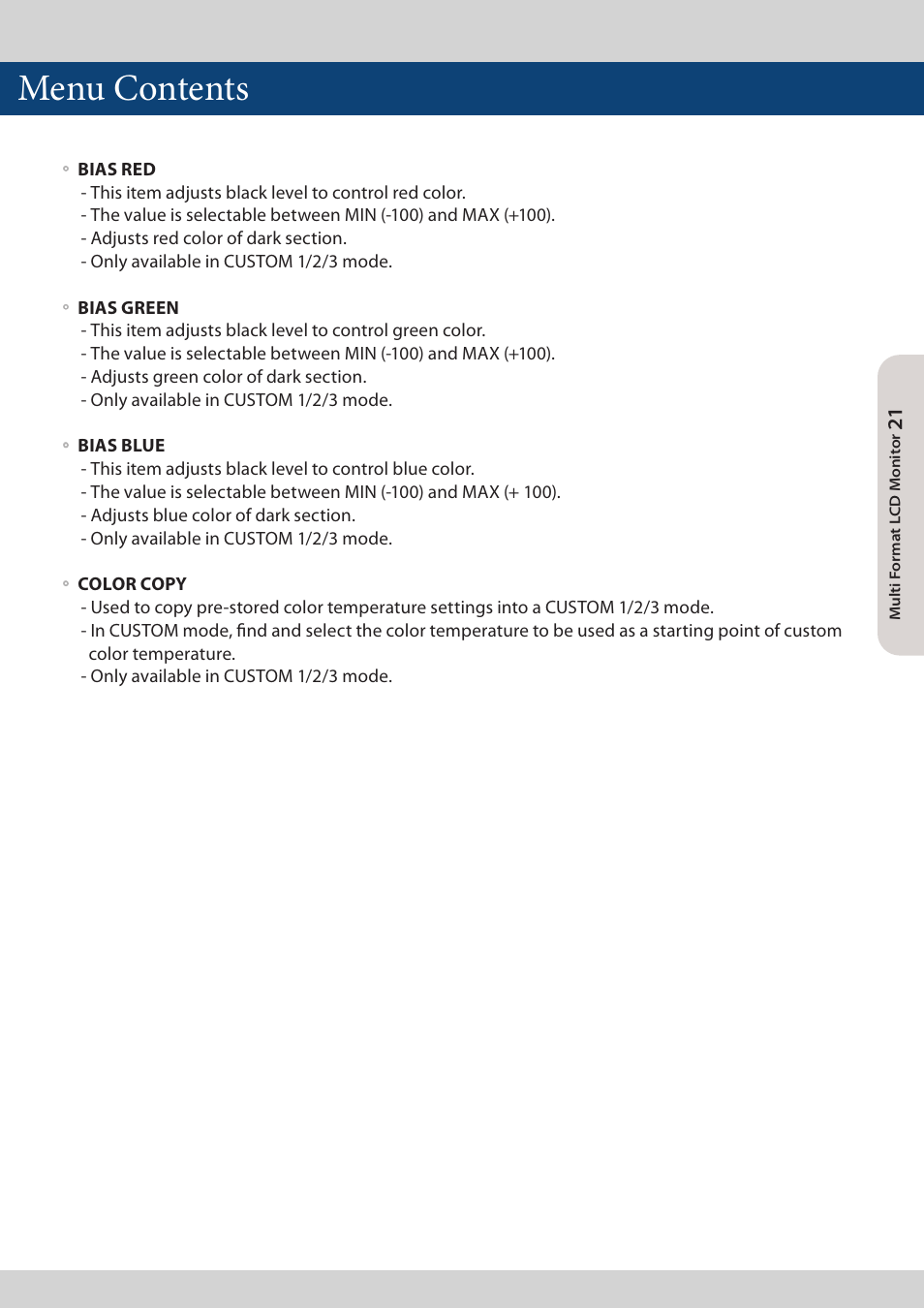 Menu contents | TVLogic LVM-173W-3G User Manual | Page 21 / 56