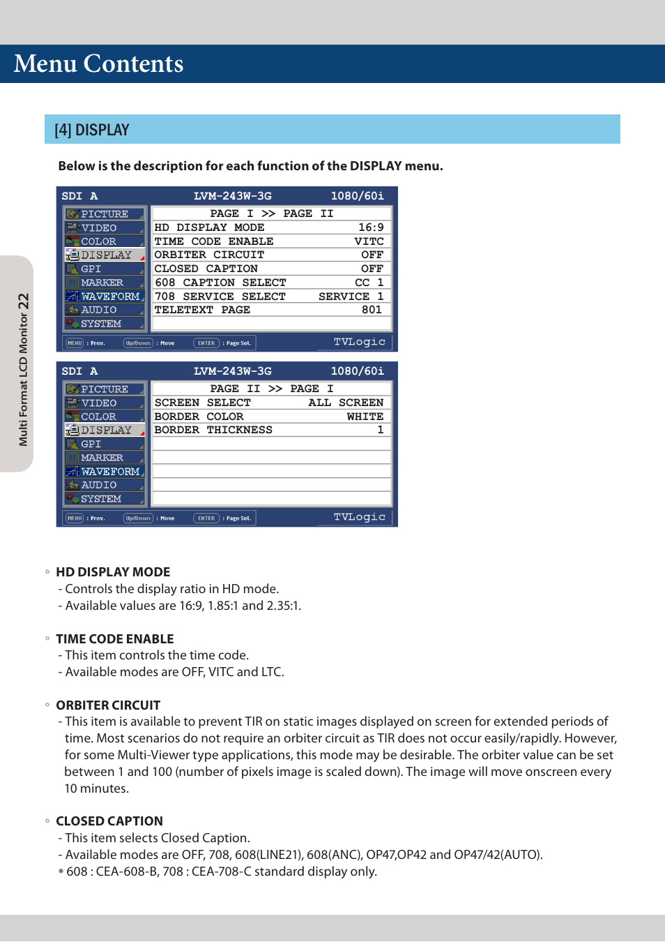 Menu contents, 4] display | TVLogic LVM-173W-3G User Manual | Page 22 / 56