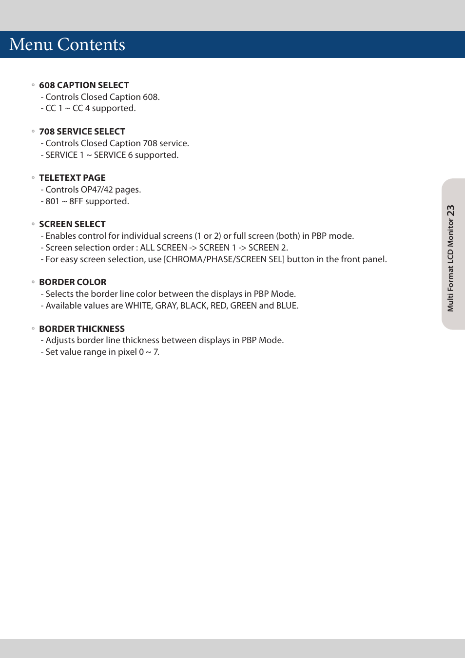 Menu contents | TVLogic LVM-173W-3G User Manual | Page 23 / 56