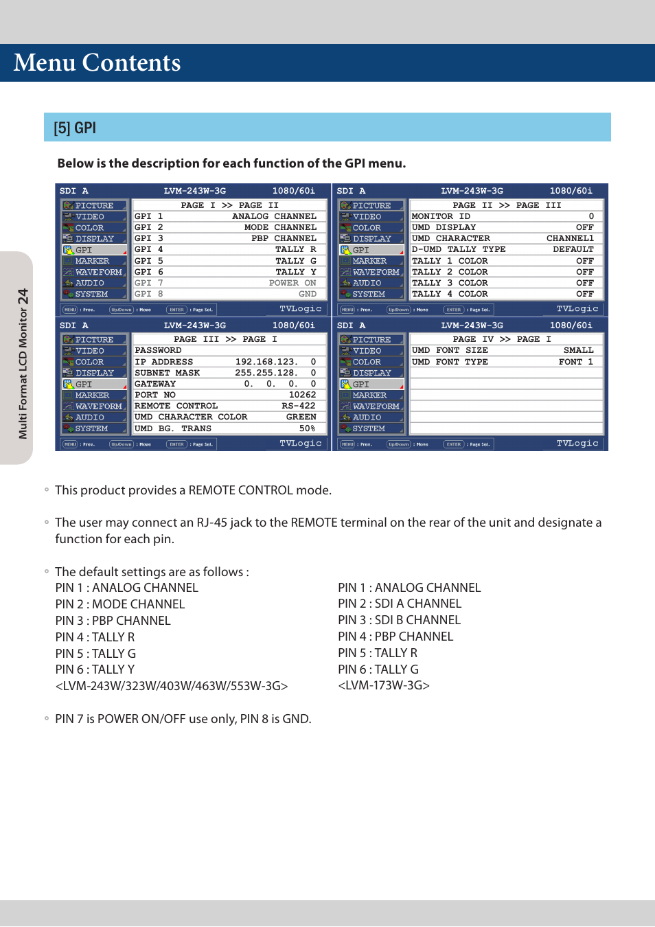Menu contents, 5] gpi | TVLogic LVM-173W-3G User Manual | Page 24 / 56