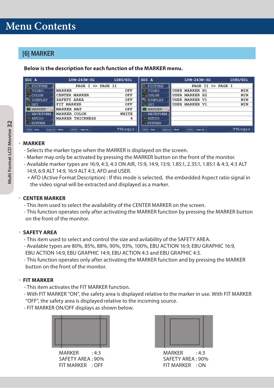 Menu contents, 6] marker | TVLogic LVM-173W-3G User Manual | Page 32 / 56