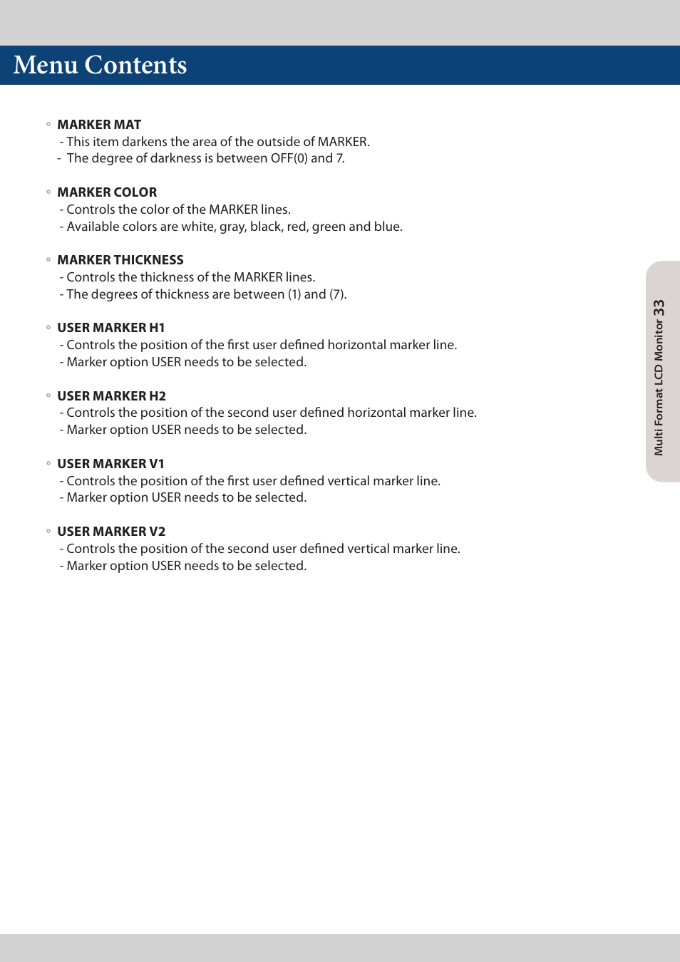 Menu contents | TVLogic LVM-173W-3G User Manual | Page 33 / 56