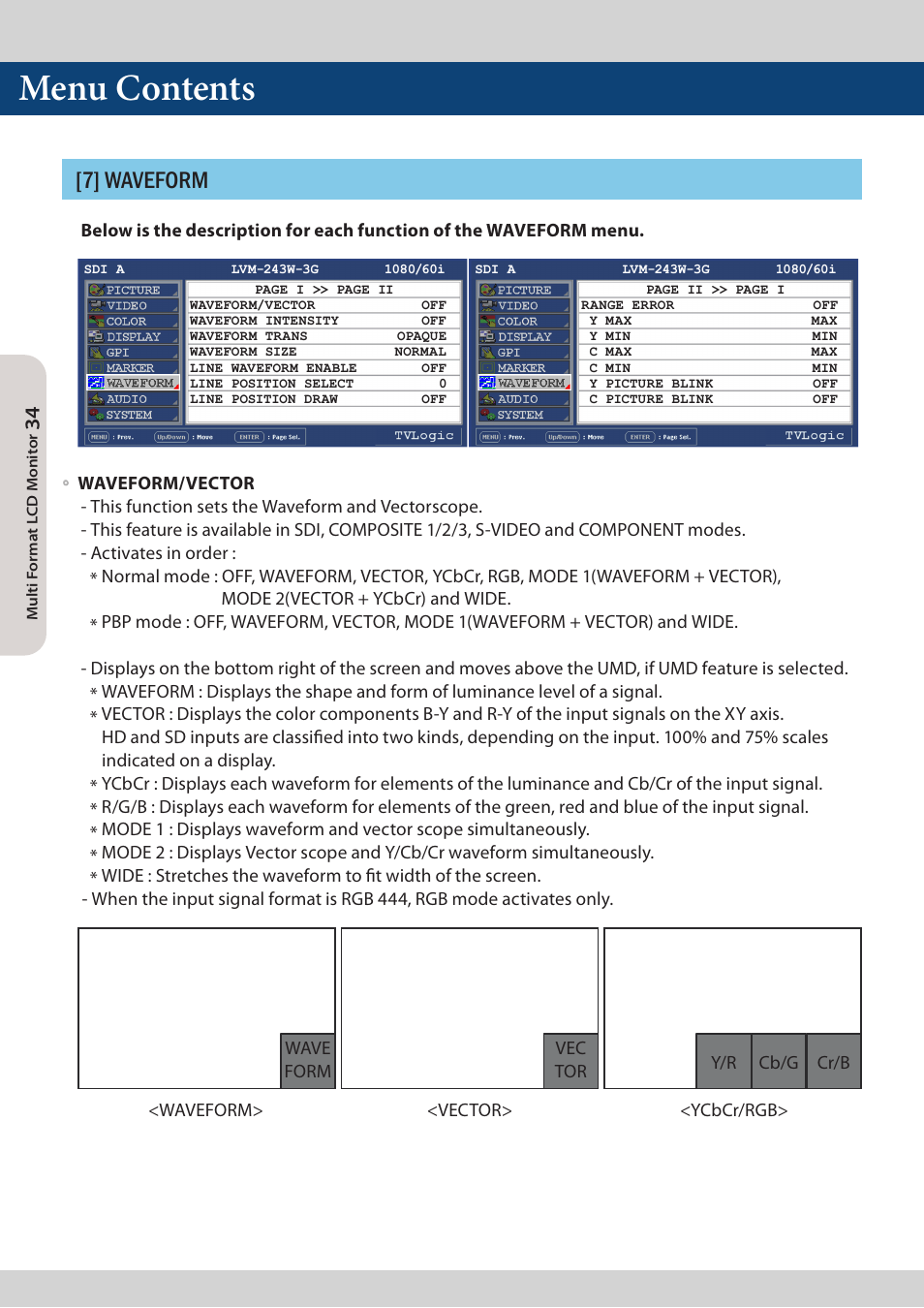 Menu contents, 7] waveform | TVLogic LVM-173W-3G User Manual | Page 34 / 56