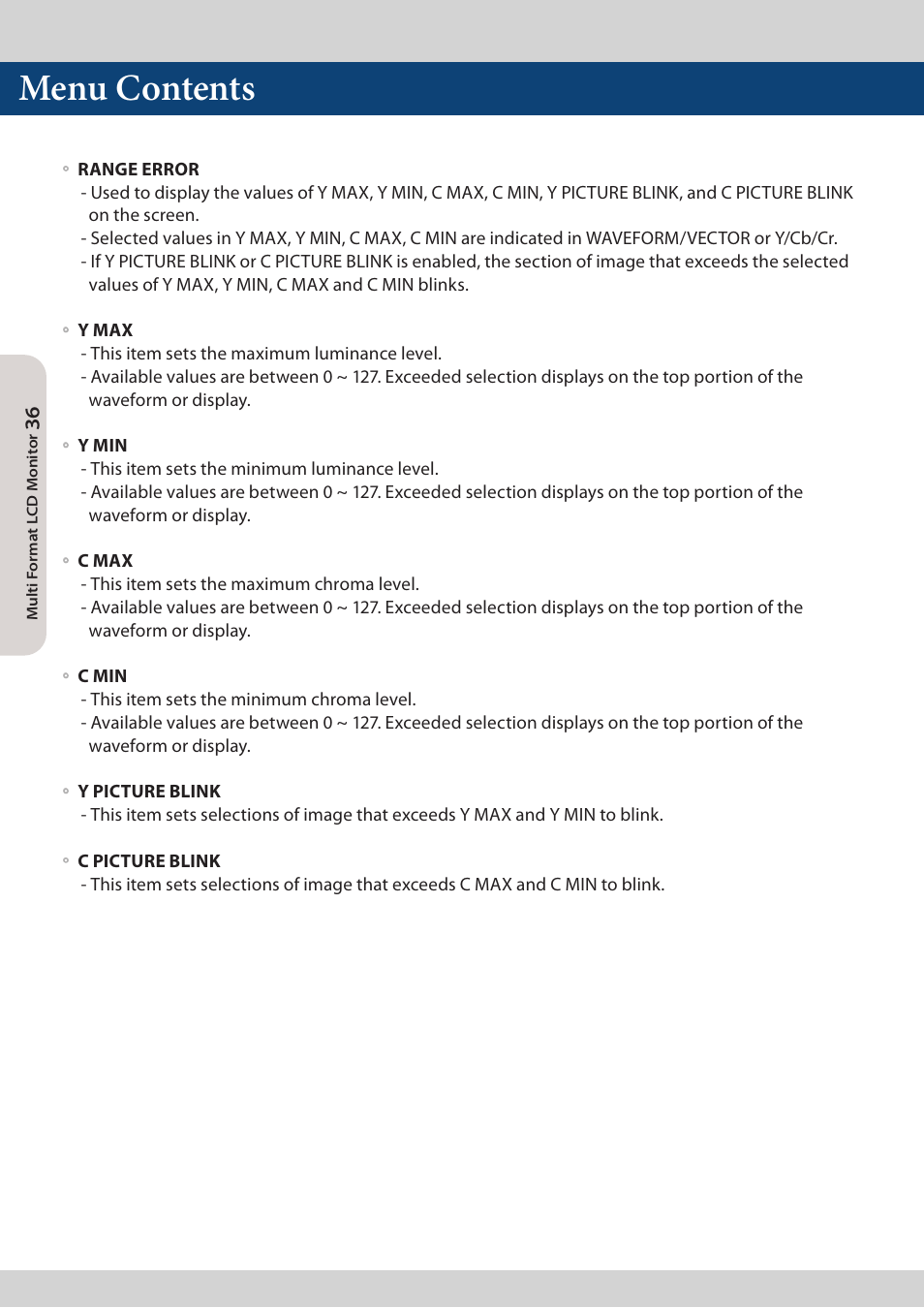 Menu contents | TVLogic LVM-173W-3G User Manual | Page 36 / 56