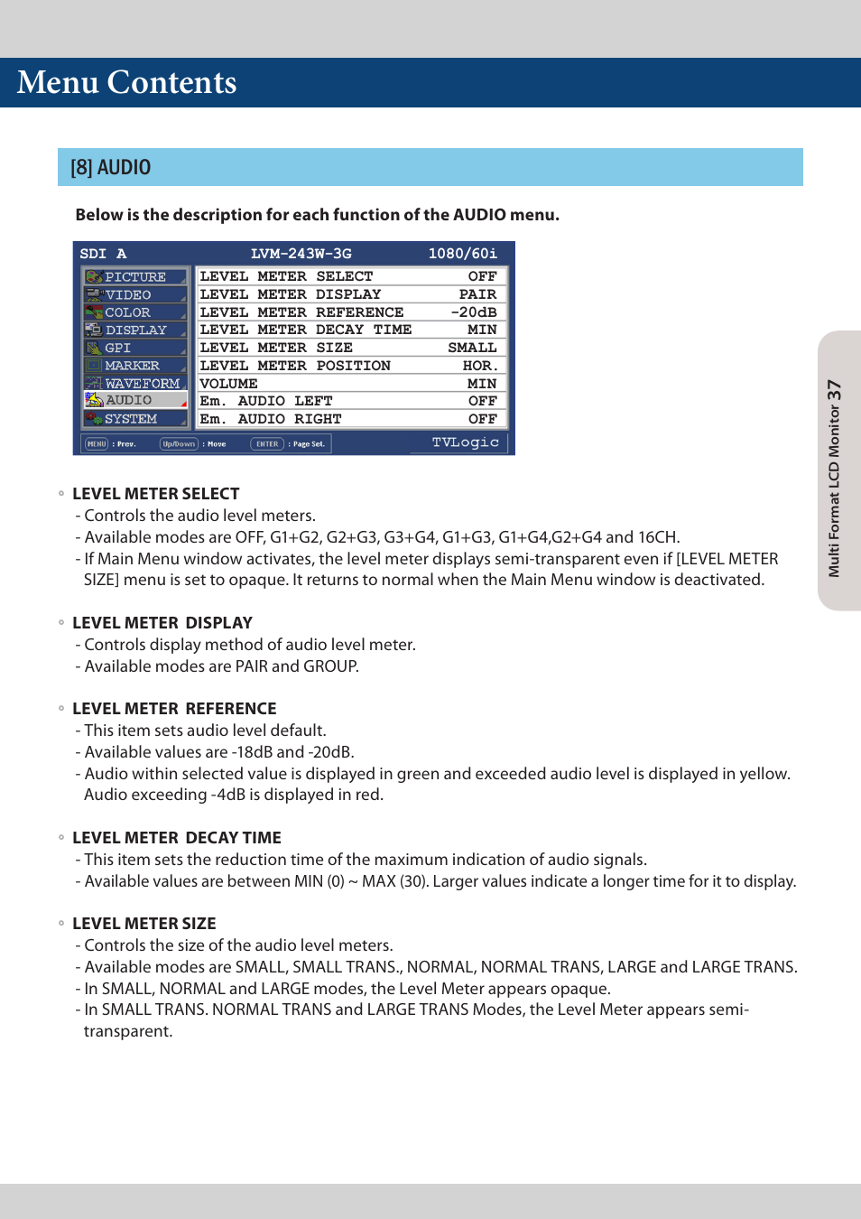 Menu contents, 8] audio | TVLogic LVM-173W-3G User Manual | Page 37 / 56