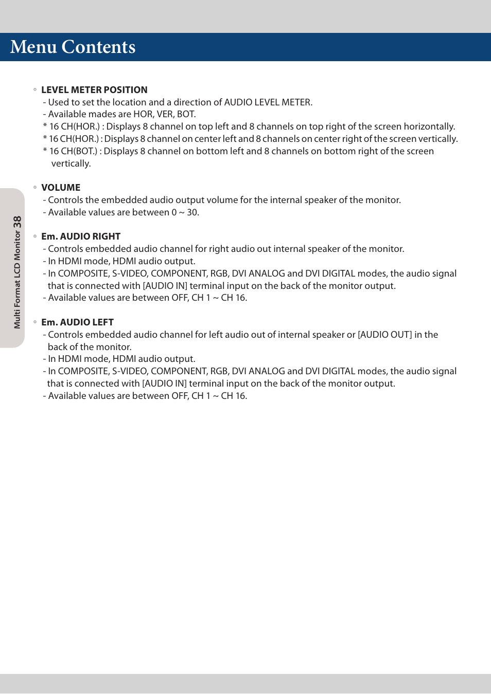 Menu contents | TVLogic LVM-173W-3G User Manual | Page 38 / 56