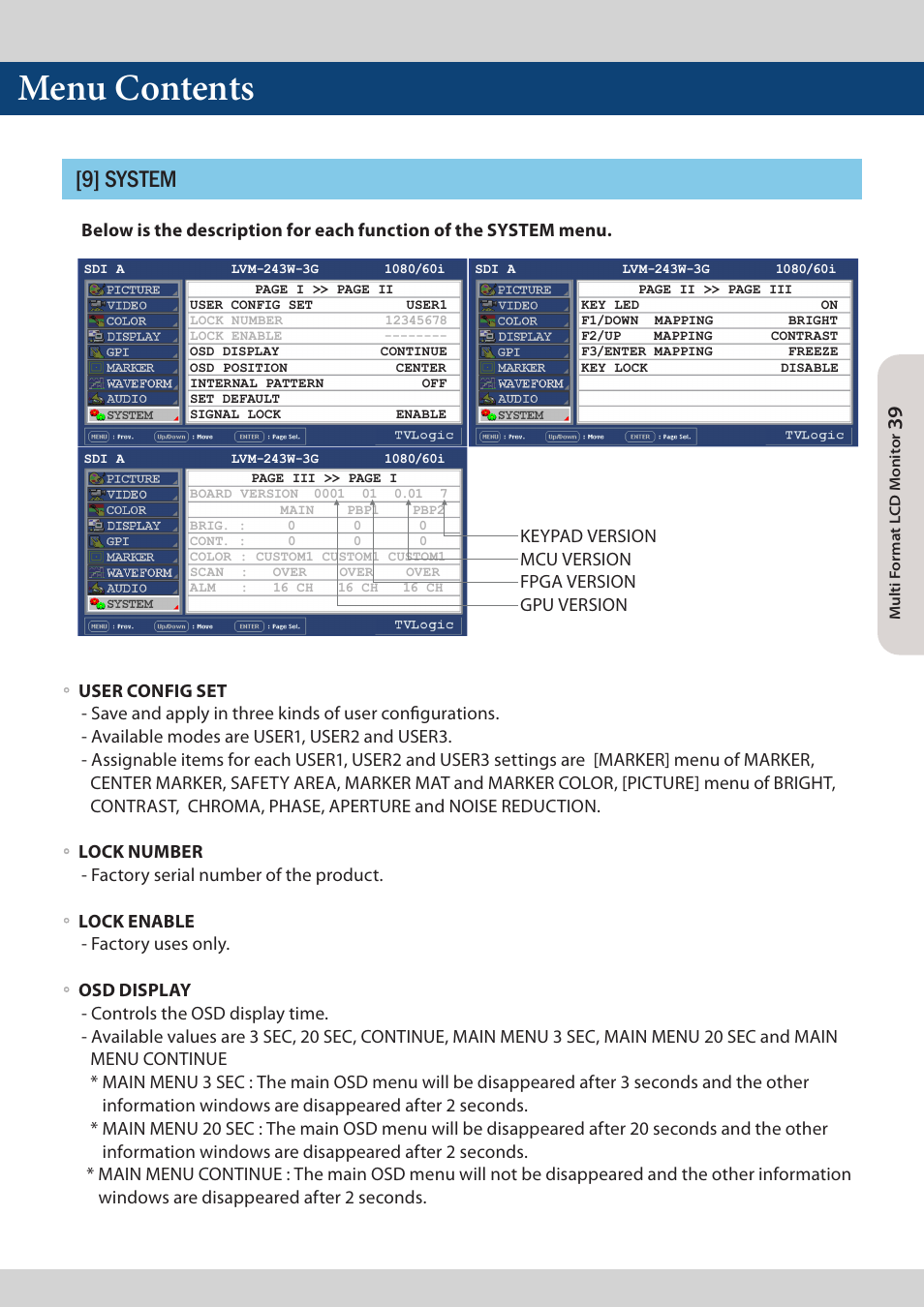 Menu contents, 9] system | TVLogic LVM-173W-3G User Manual | Page 39 / 56