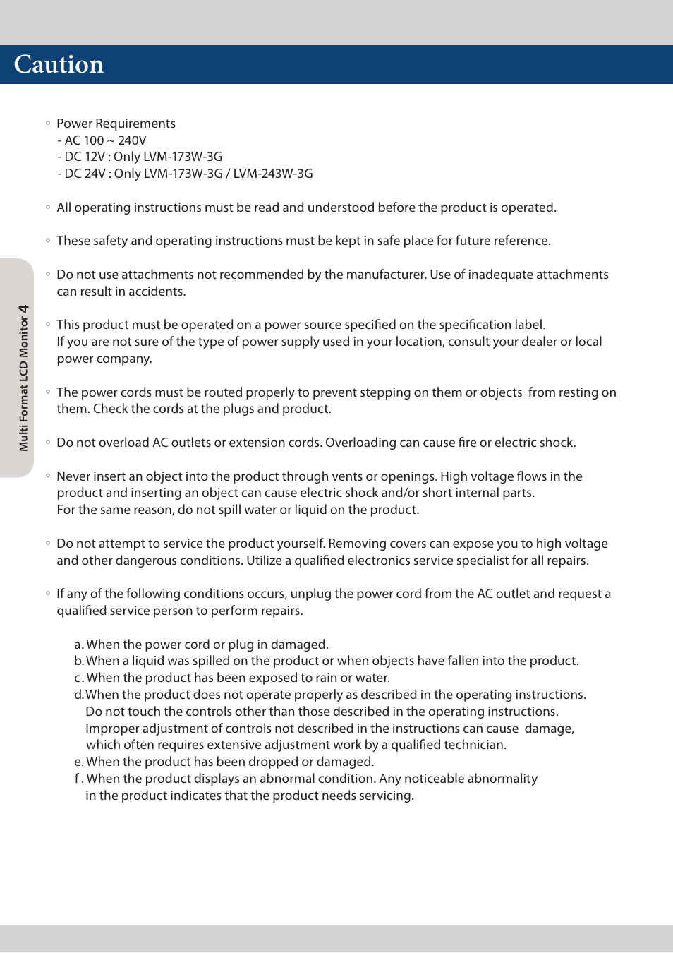 Caution | TVLogic LVM-173W-3G User Manual | Page 4 / 56