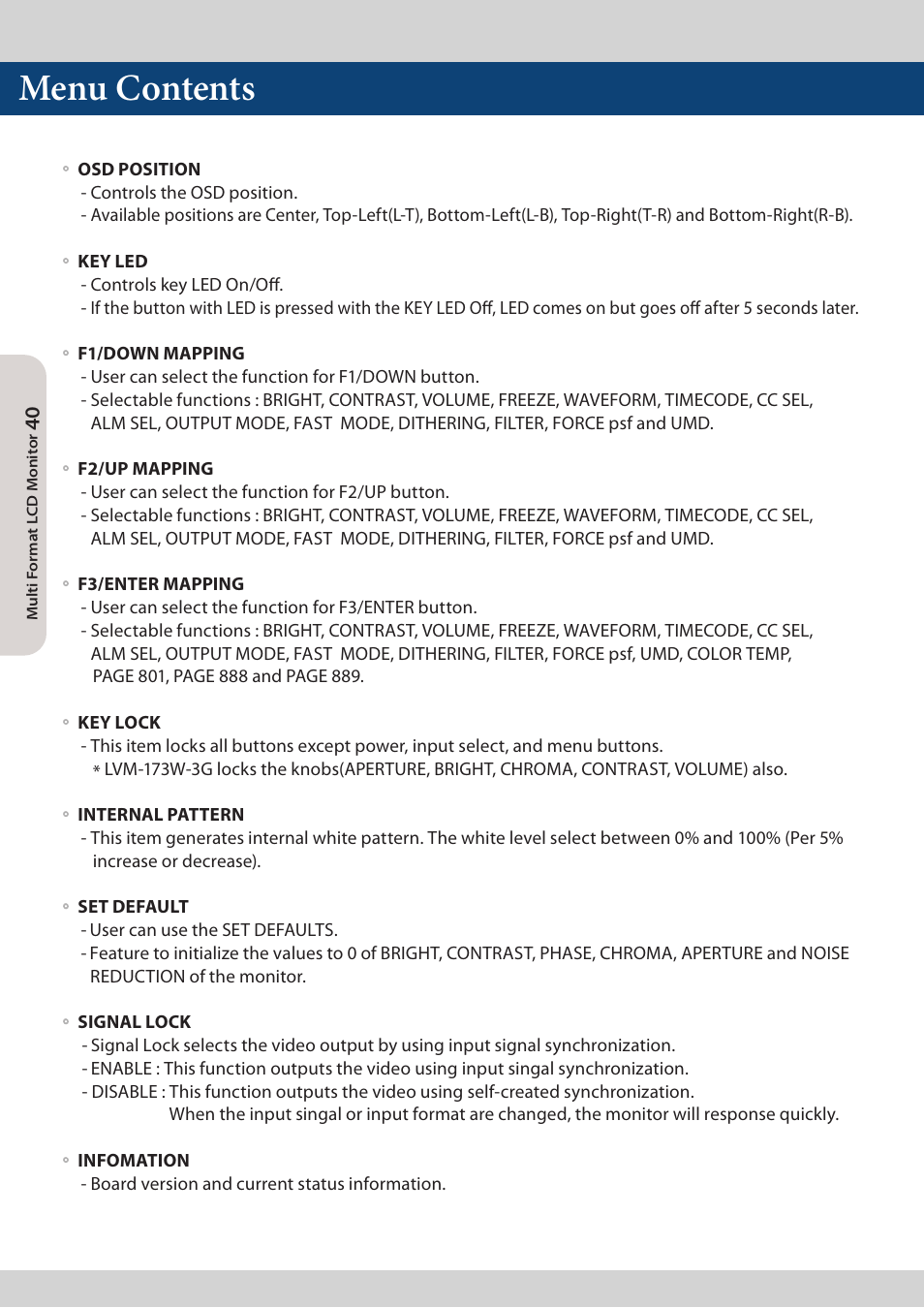 Menu contents | TVLogic LVM-173W-3G User Manual | Page 40 / 56