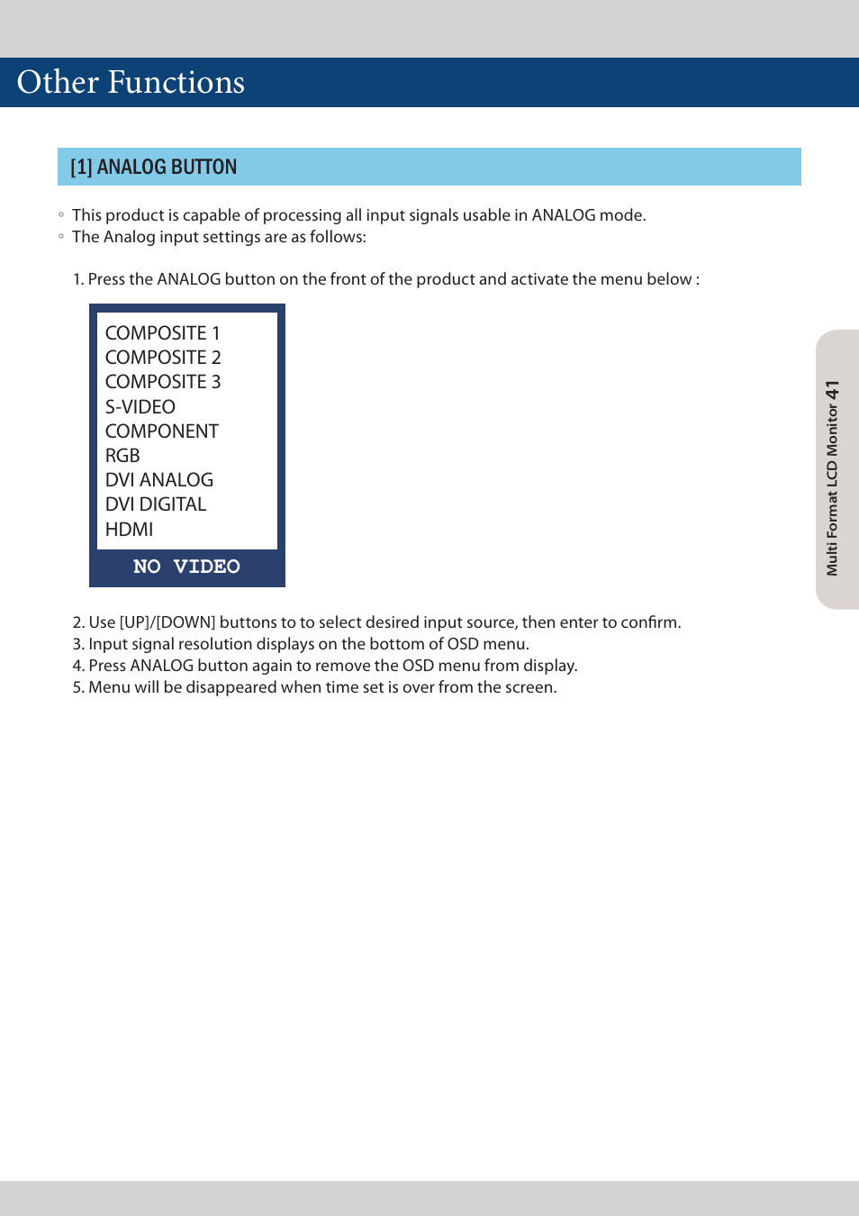 Other functions, 1] analog button, No video | TVLogic LVM-173W-3G User Manual | Page 41 / 56