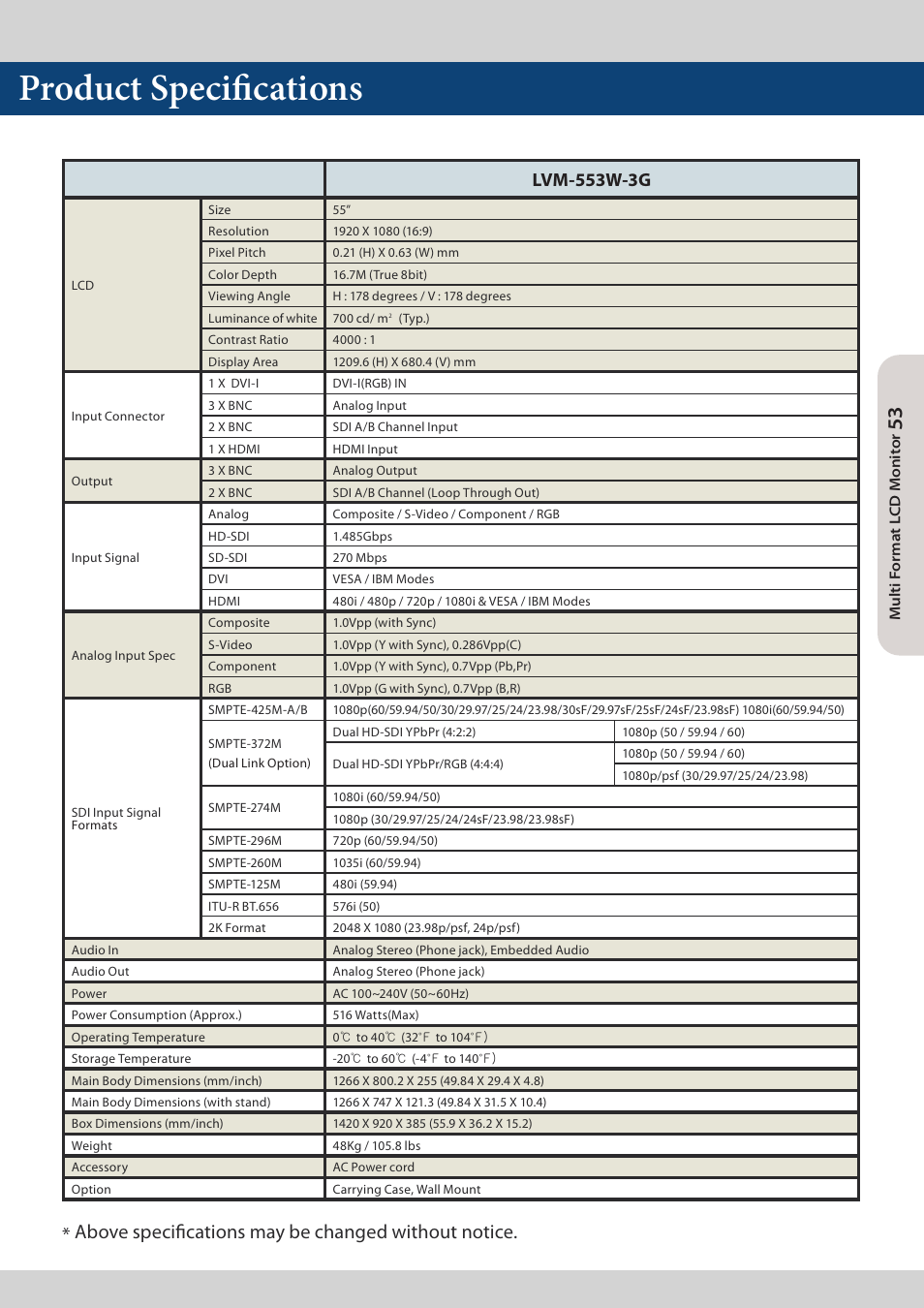 Product specifications, Above specifications may be changed without notice, Lvm-553w-3g | TVLogic LVM-173W-3G User Manual | Page 53 / 56