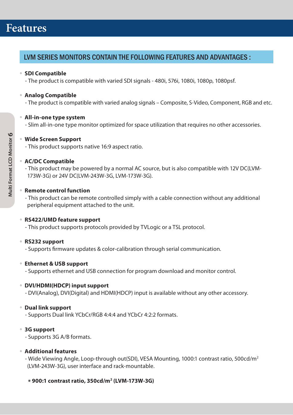 Features | TVLogic LVM-173W-3G User Manual | Page 6 / 56