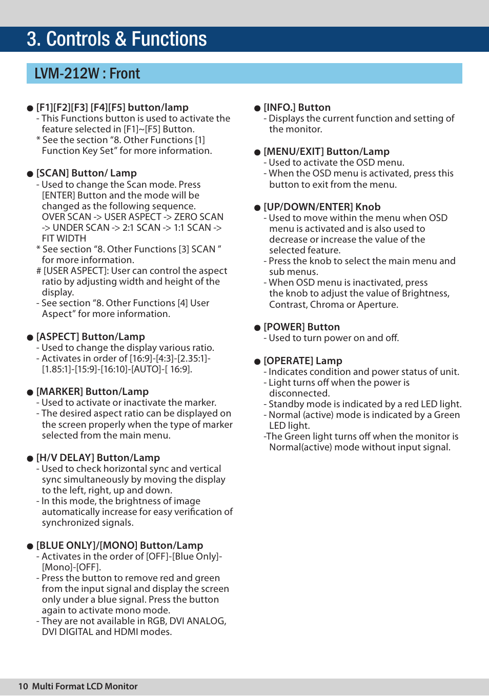 Controls & functions, Lvm-212w : front | TVLogic LVM-174W User Manual | Page 10 / 48