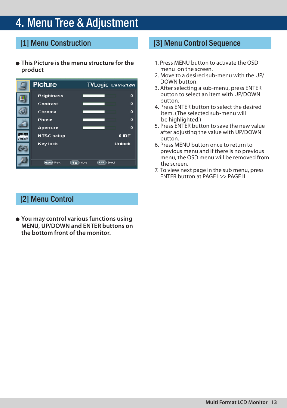 Menu tree & adjustment, 1] menu construction [2] menu control, 3] menu control sequence | TVLogic LVM-174W User Manual | Page 13 / 48