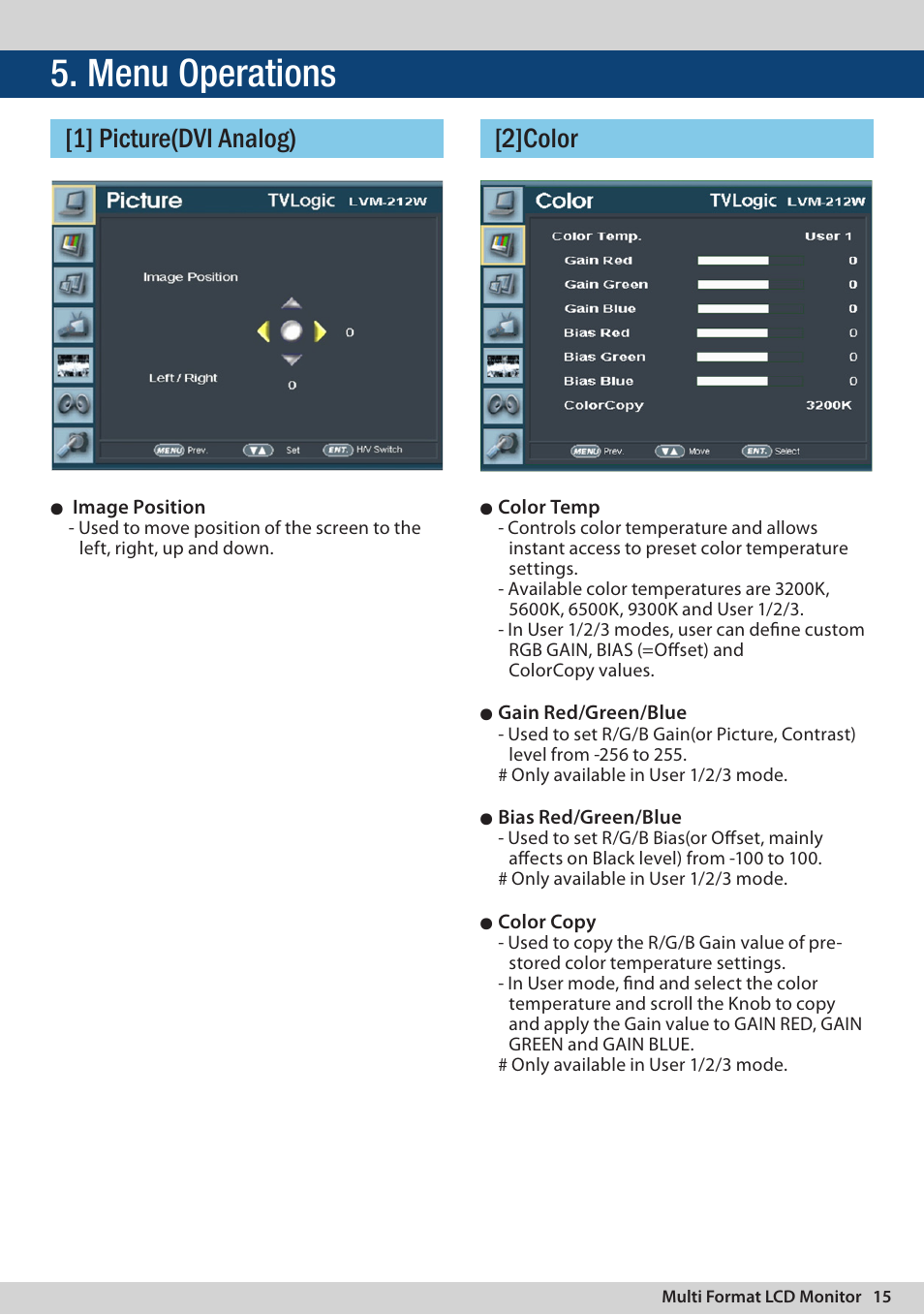 Menu operations, 1] picture(dvi analog) [2]color | TVLogic LVM-174W User Manual | Page 15 / 48