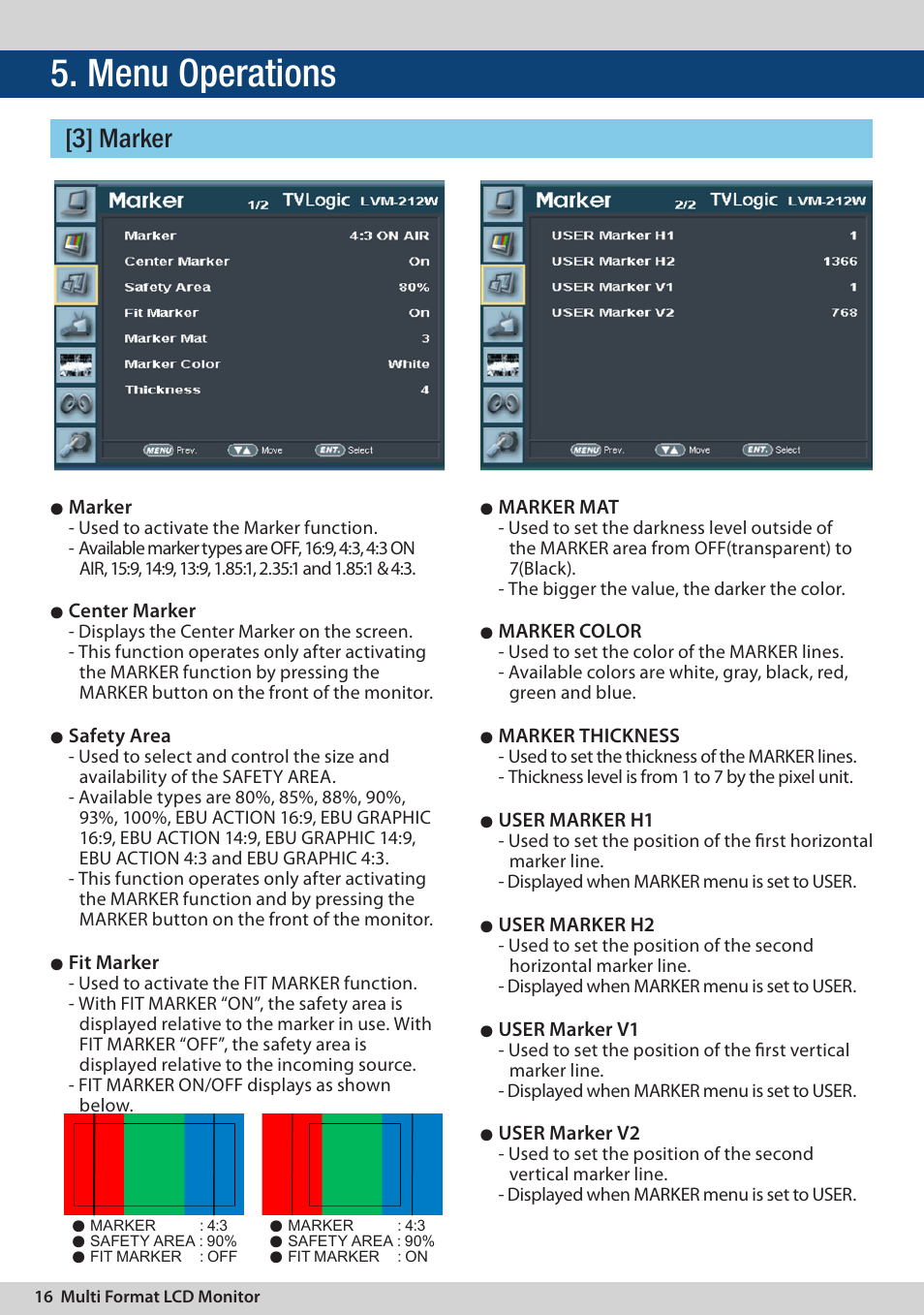 Menu operations, 3] marker, Marker | Center marker, Safety area, Fit marker, Marker mat, Marker color, Marker thickness, User marker h1 | TVLogic LVM-174W User Manual | Page 16 / 48