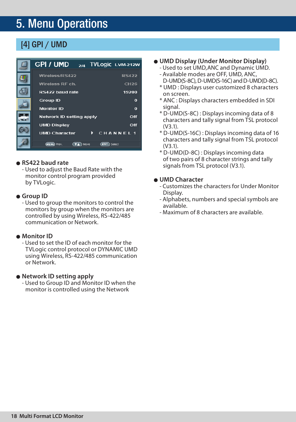 Menu operations, 4] gpi / umd | TVLogic LVM-174W User Manual | Page 18 / 48