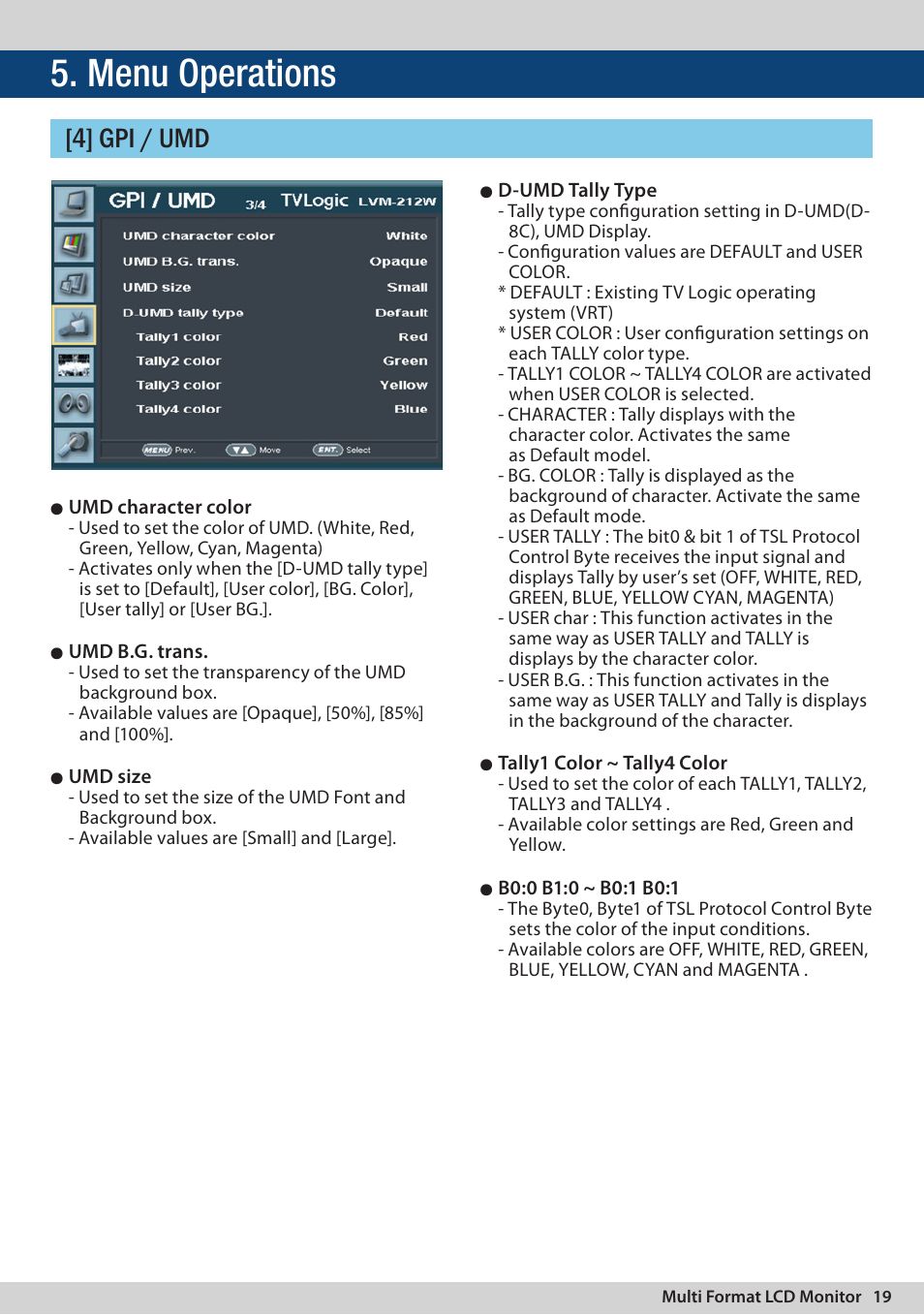 Menu operations, 4] gpi / umd | TVLogic LVM-174W User Manual | Page 19 / 48