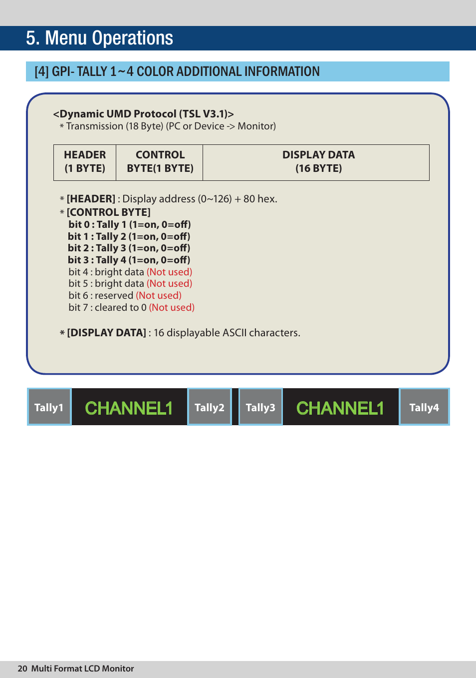 Menu operations, Channel1, 4] gpi- tally 1~4 color additional information | TVLogic LVM-174W User Manual | Page 20 / 48