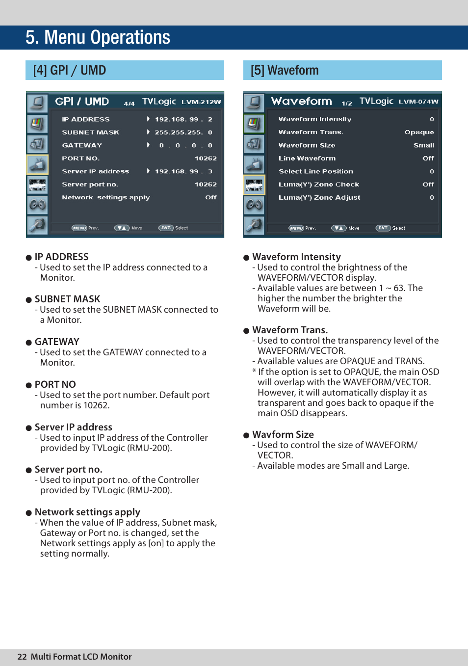 Menu operations, 4] gpi / umd [5] waveform | TVLogic LVM-174W User Manual | Page 22 / 48
