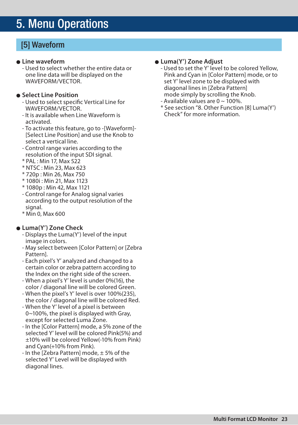 Menu operations, 5] waveform | TVLogic LVM-174W User Manual | Page 23 / 48