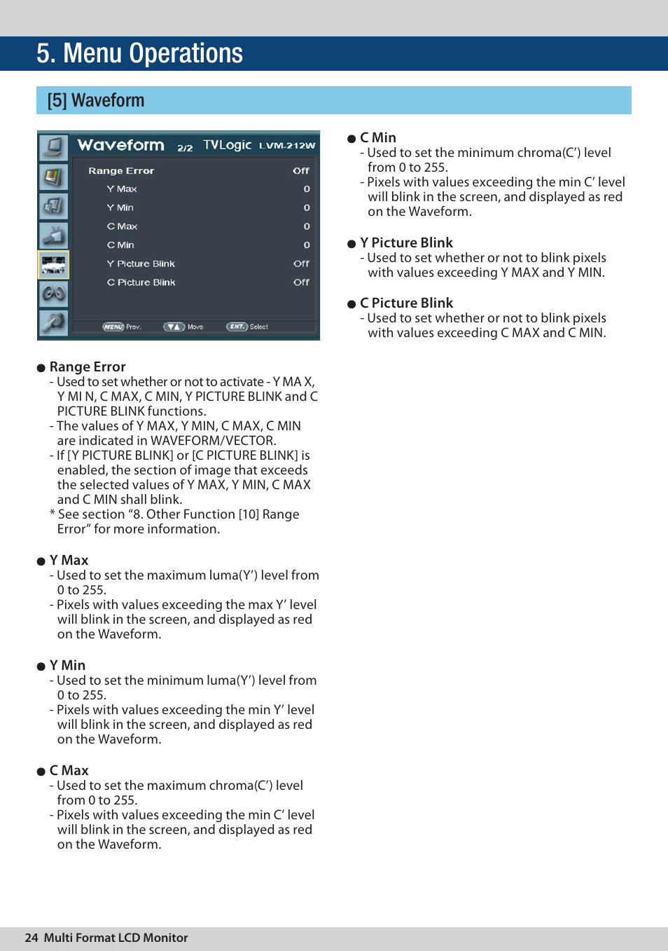 Menu operations, 5] waveform | TVLogic LVM-174W User Manual | Page 24 / 48