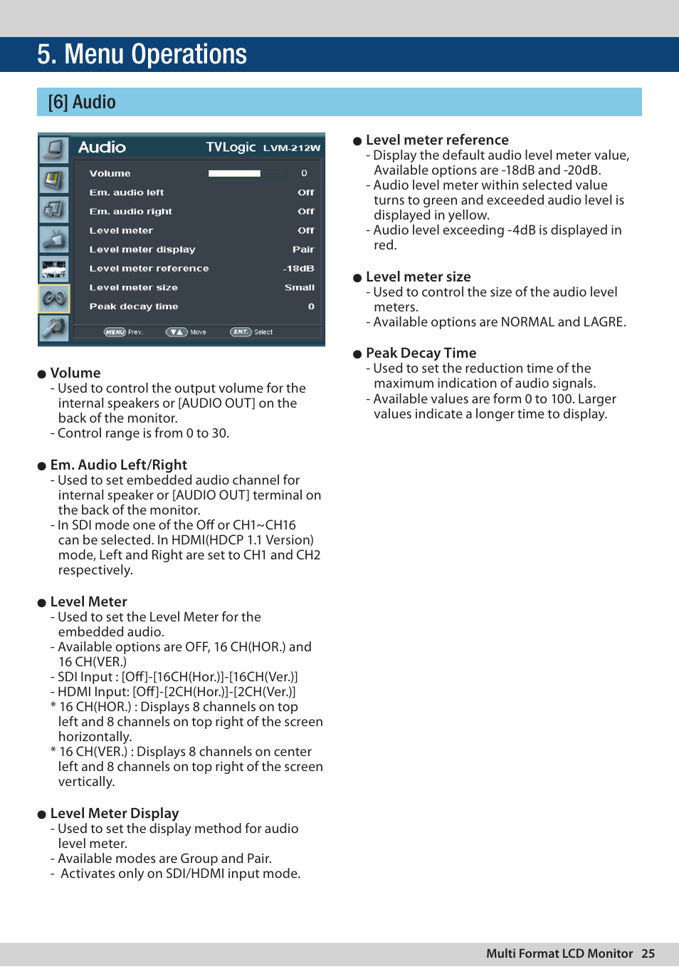 Menu operations, 6] audio | TVLogic LVM-174W User Manual | Page 25 / 48