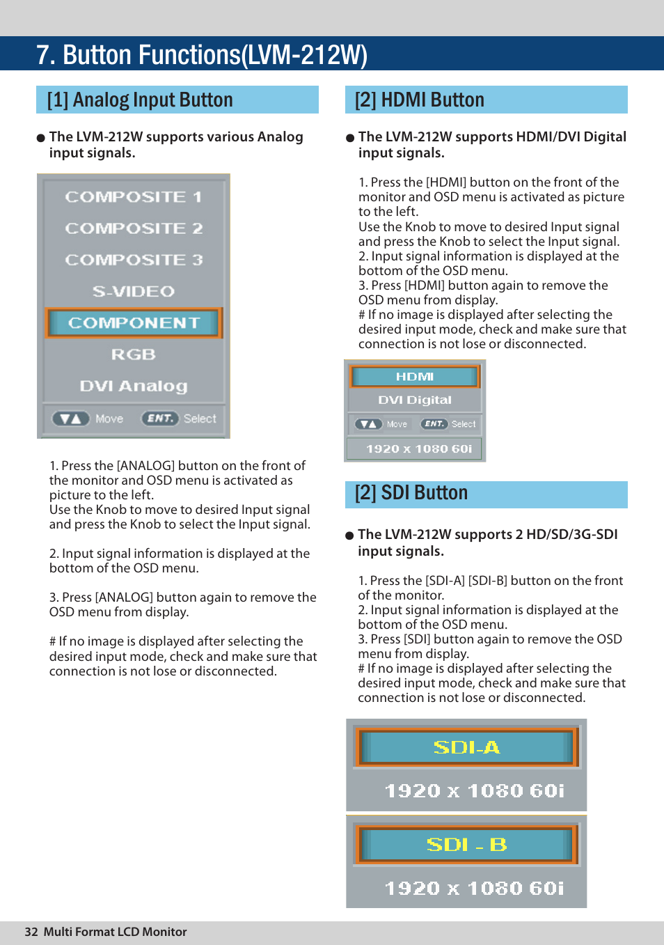 Button functions(lvm-212w) | TVLogic LVM-174W User Manual | Page 32 / 48