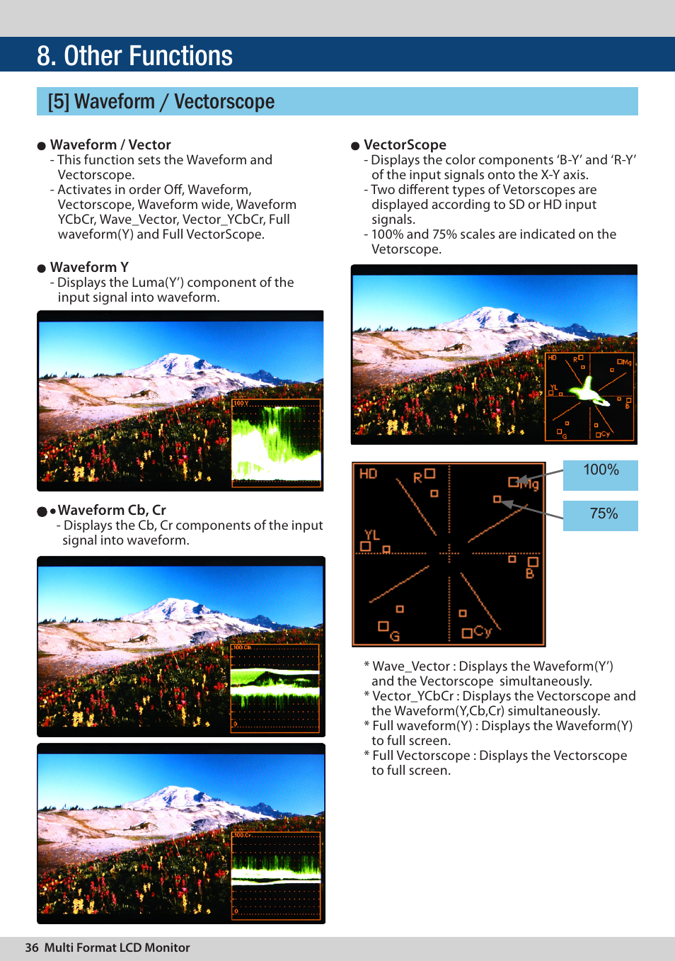 Other functions, 5] waveform / vectorscope | TVLogic LVM-174W User Manual | Page 36 / 48