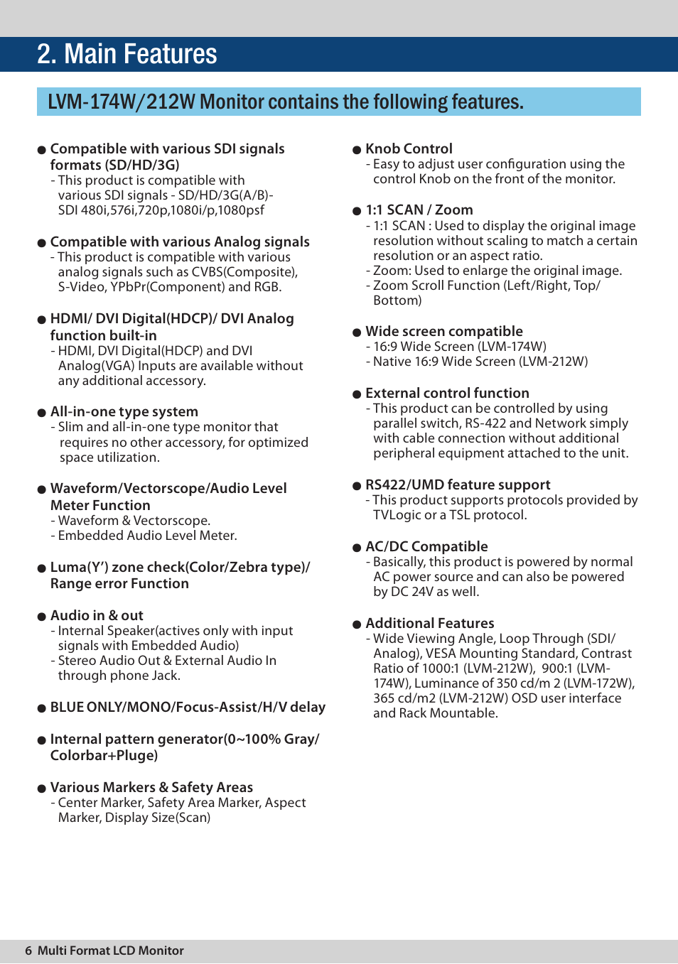 Main features | TVLogic LVM-174W User Manual | Page 6 / 48