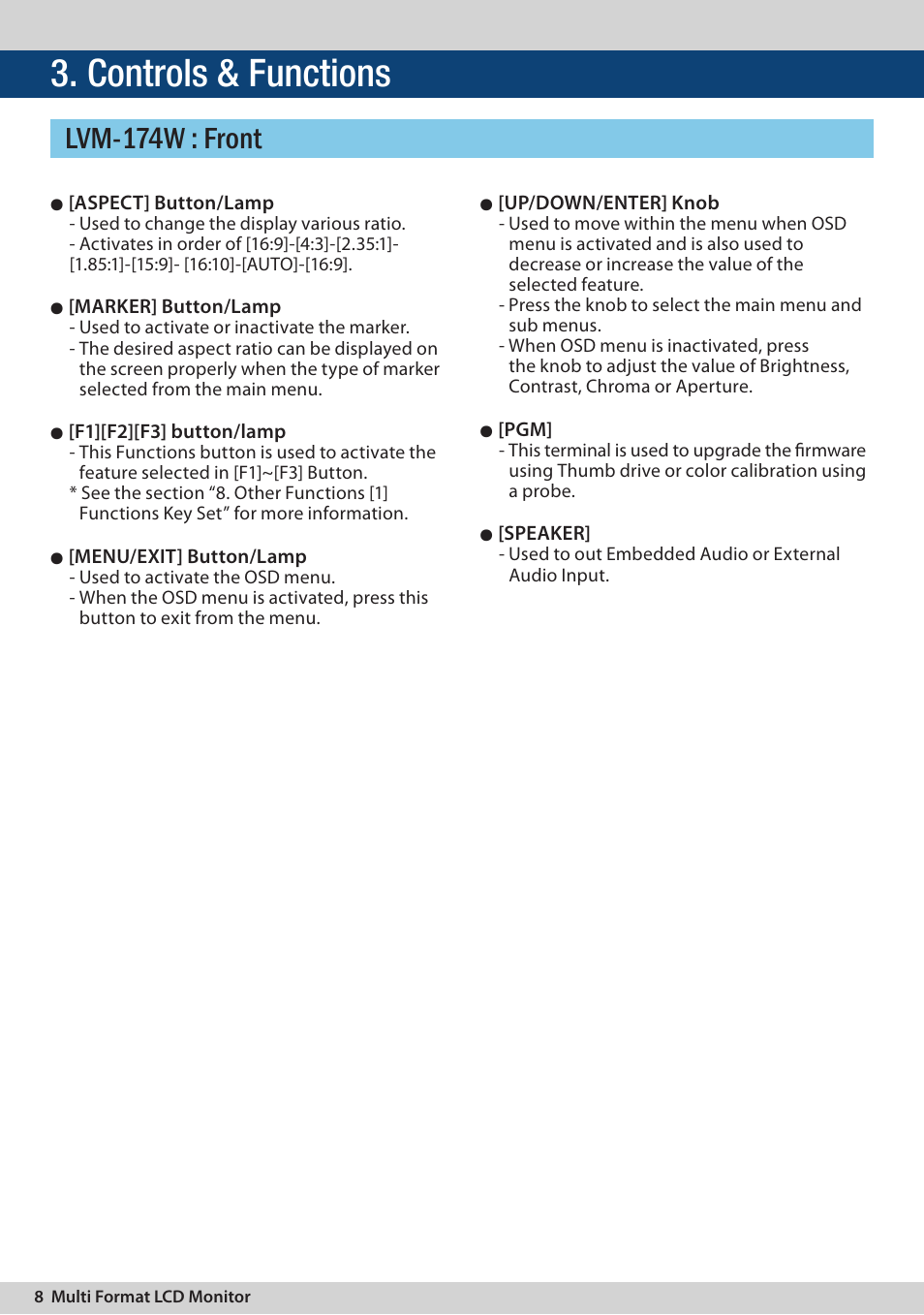 Controls & functions, Lvm-174w : front | TVLogic LVM-174W User Manual | Page 8 / 48
