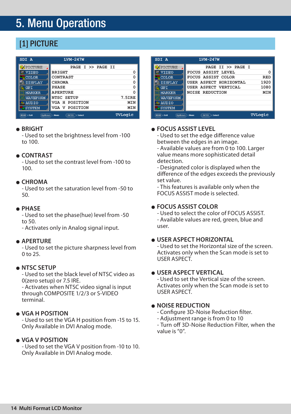 Menu operations, 1] picture, Bright | Contrast, Chroma, Phase, Aperture, Ntsc setup, Vga h position, Vga v position | TVLogic LVM-247W User Manual | Page 14 / 40