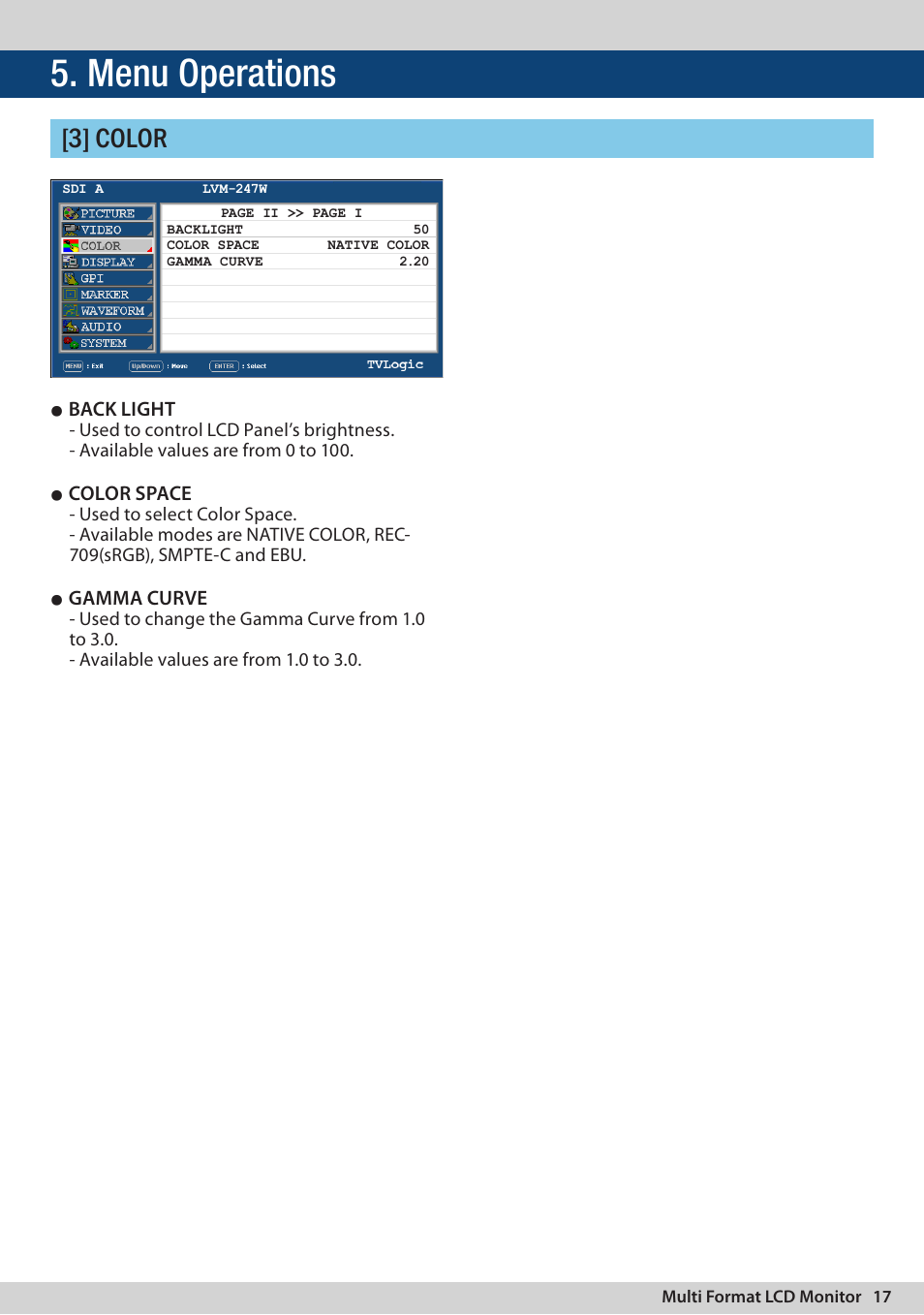 Menu operations, 3] color, Back light | Color space, Gamma curve | TVLogic LVM-247W User Manual | Page 17 / 40