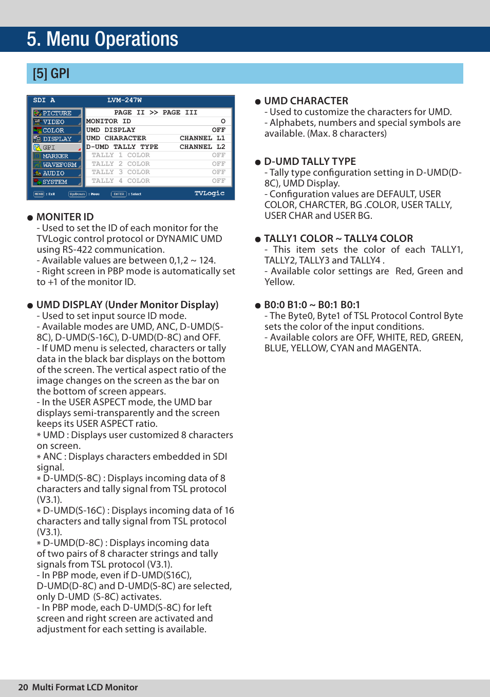 Menu operations, 5] gpi, Moniter id | Umd display (under monitor display), Umd character, D-umd tally type, Tally1 color ~ tally4 color | TVLogic LVM-247W User Manual | Page 20 / 40