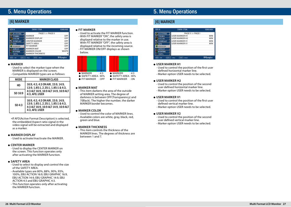 Menu operations, 6] marker | TVLogic SWM-170A User Manual | Page 14 / 23