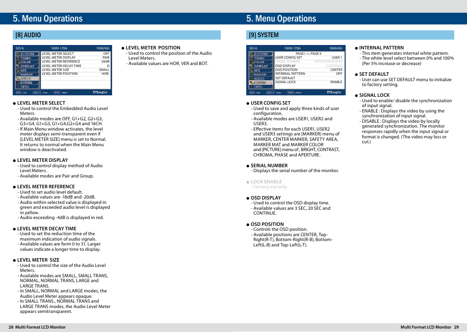 Menu operations, 8] audio, 9] system | TVLogic SWM-170A User Manual | Page 15 / 23