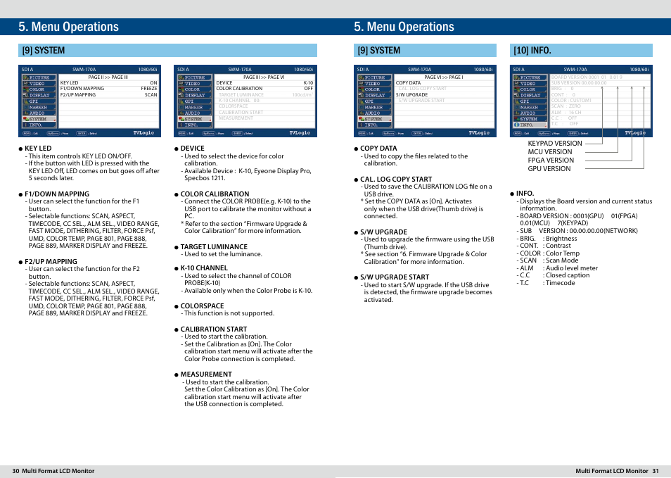 Menu operations, 9] system, 9] system [10] info | TVLogic SWM-170A User Manual | Page 16 / 23
