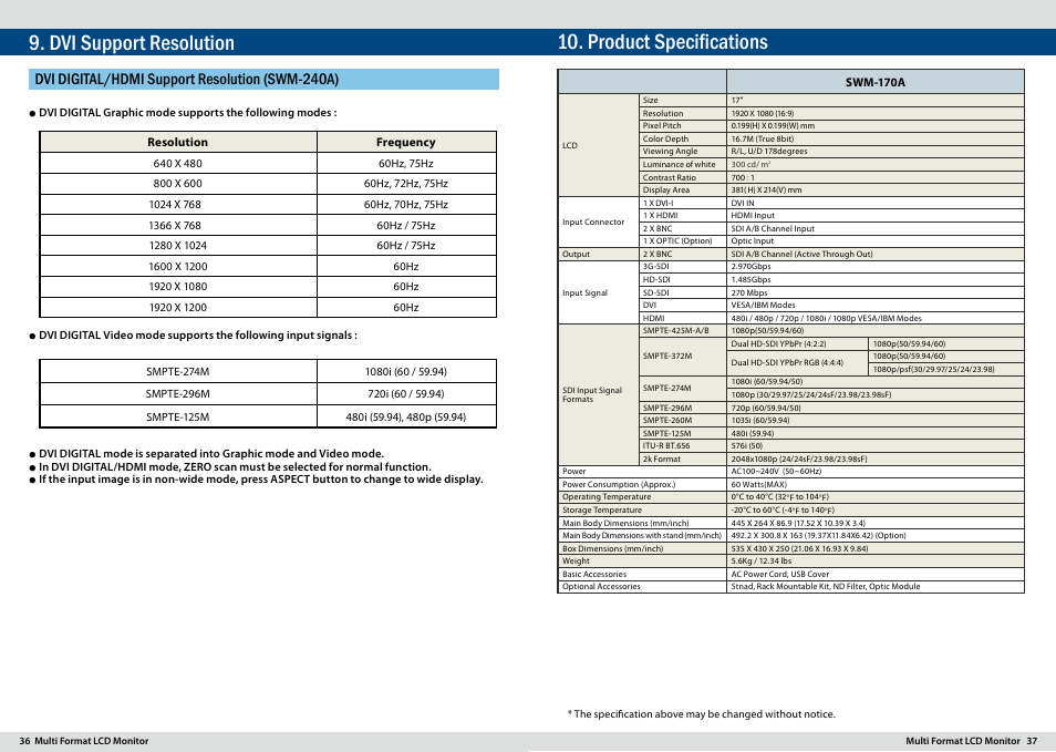 Dvi support resolution, Product specifications, Dvi digital/hdmi support resolution (swm-240a) | TVLogic SWM-170A User Manual | Page 19 / 23