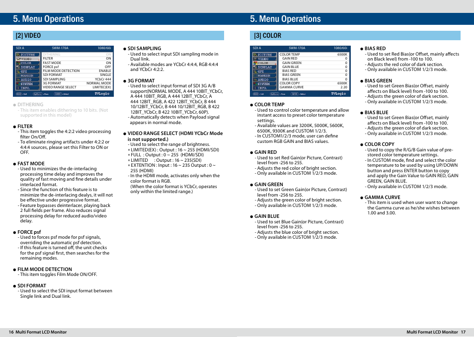 Menu operations, 2] video, 3] color | TVLogic SWM-170A User Manual | Page 9 / 23
