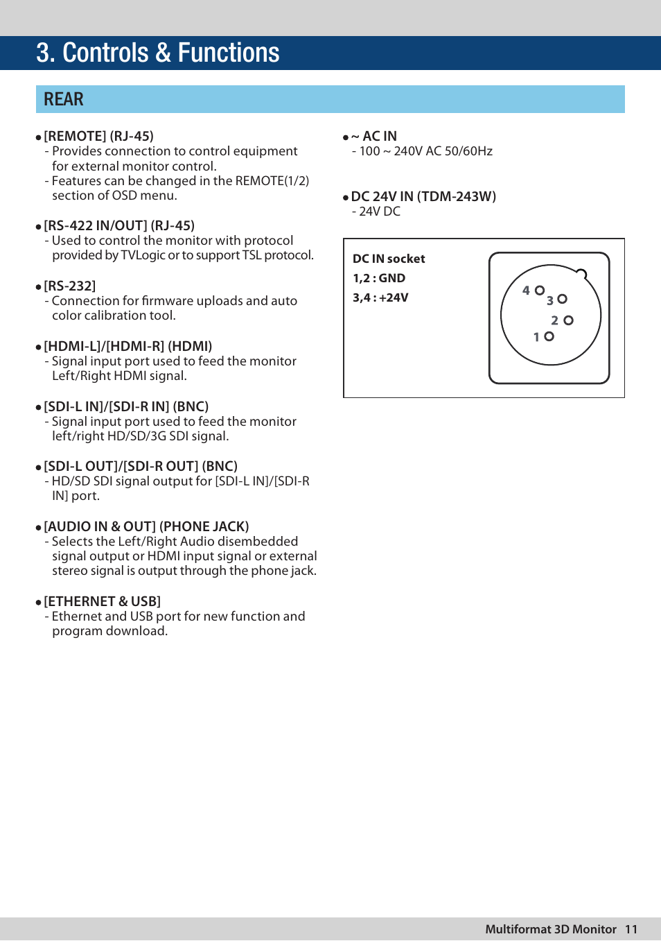 Controls & functions, Rear | TVLogic TDM-243W User Manual | Page 11 / 36